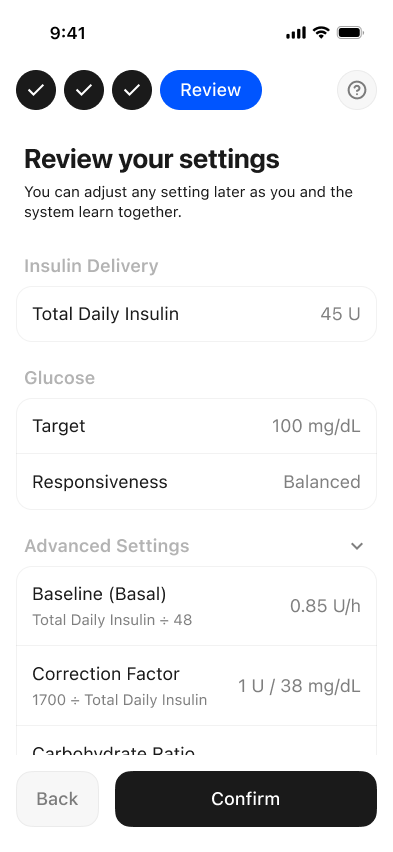 Review your settings confirmation screen