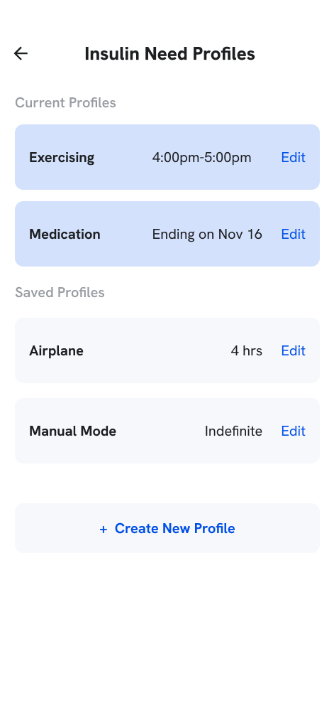 Insulin Need Profiles screen