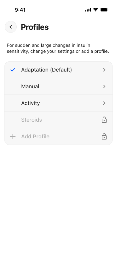 Profiles screen with adaptation default