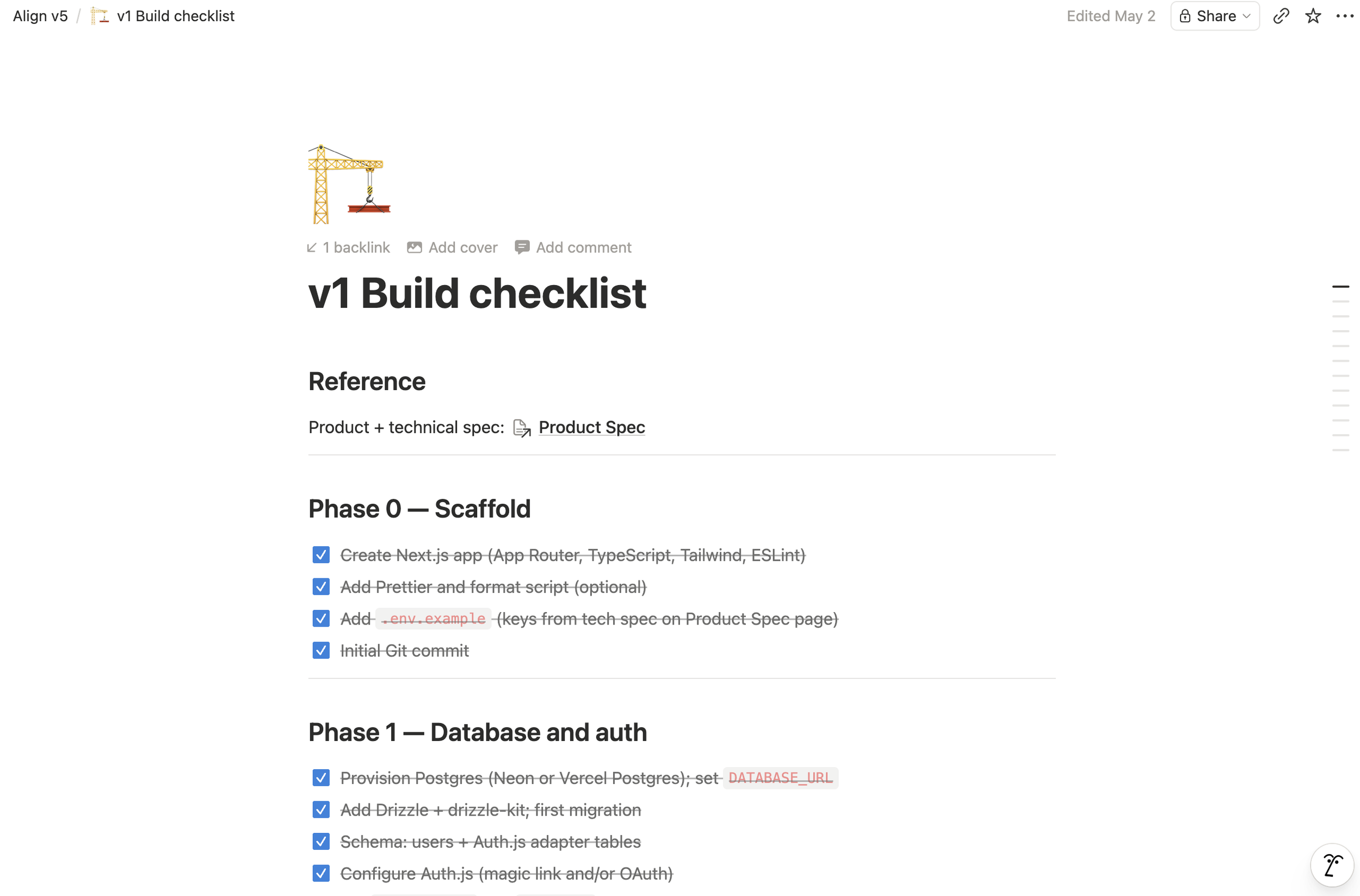 Align v1 build checklist