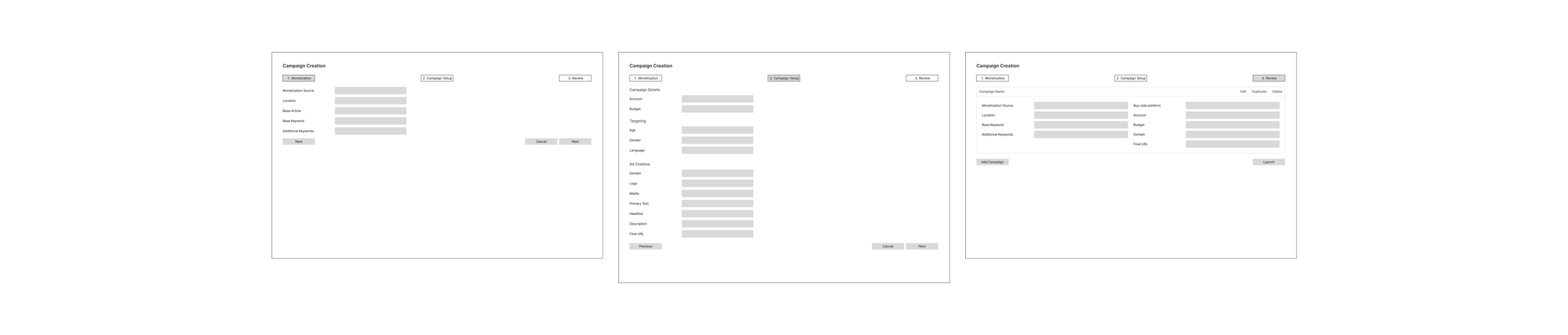 Early three-step campaign creation wireframes
