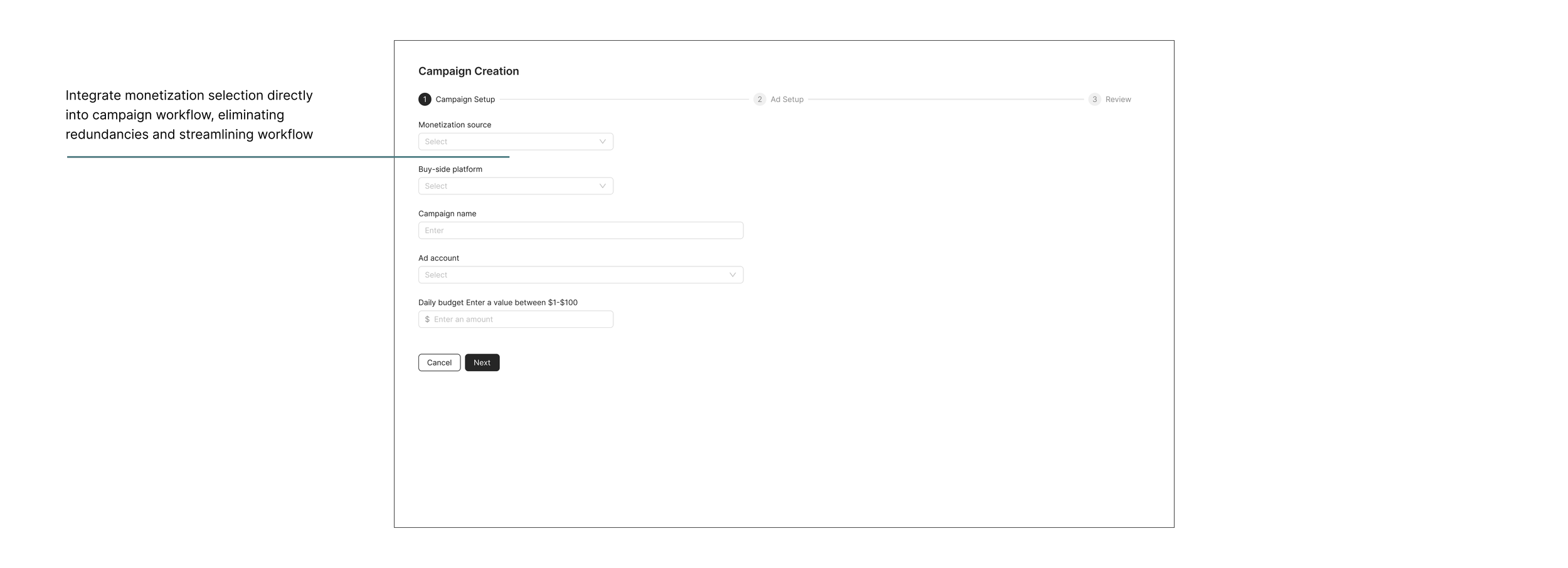 Wireframe of campaign setup step