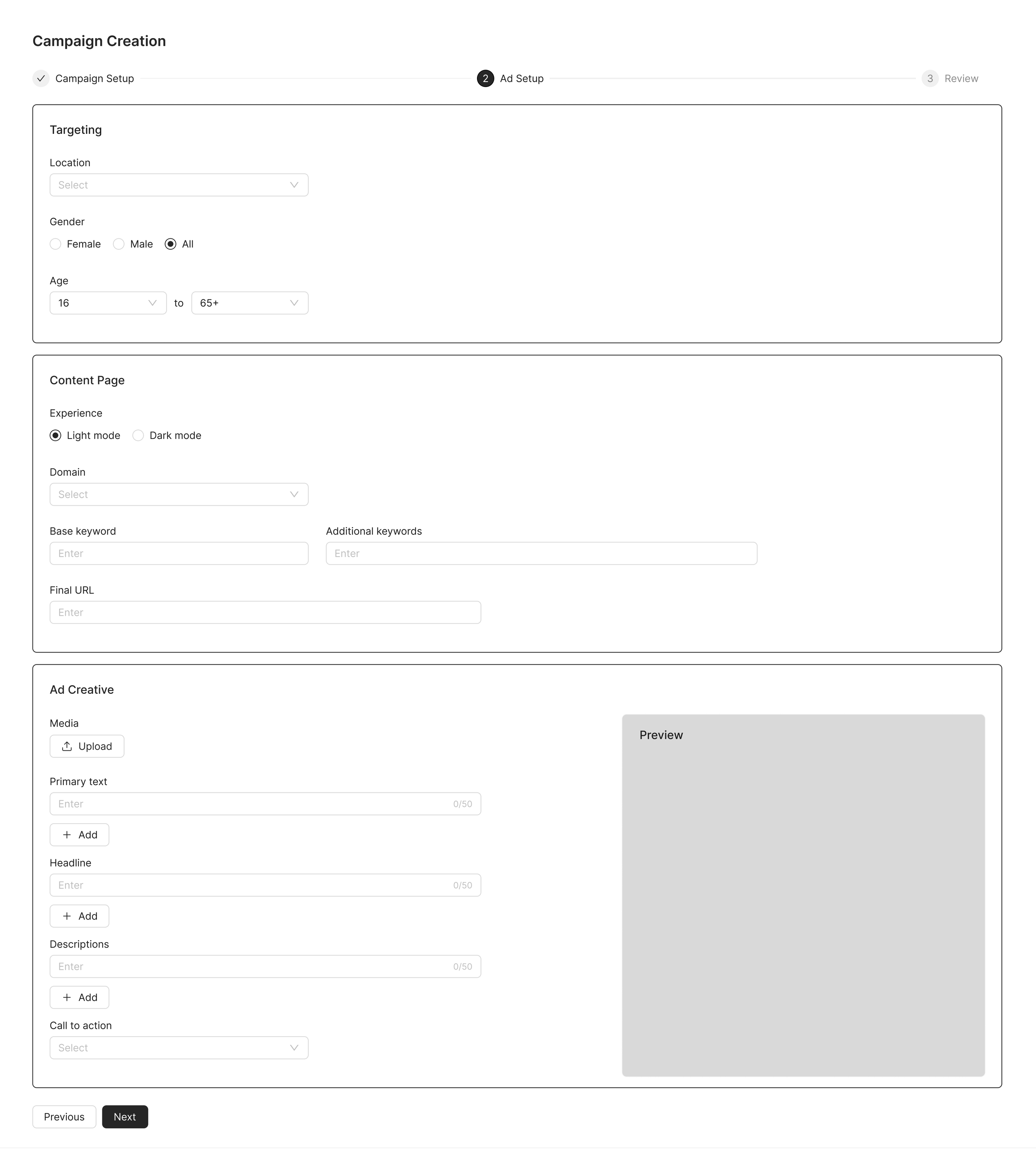 Previous ad setup design