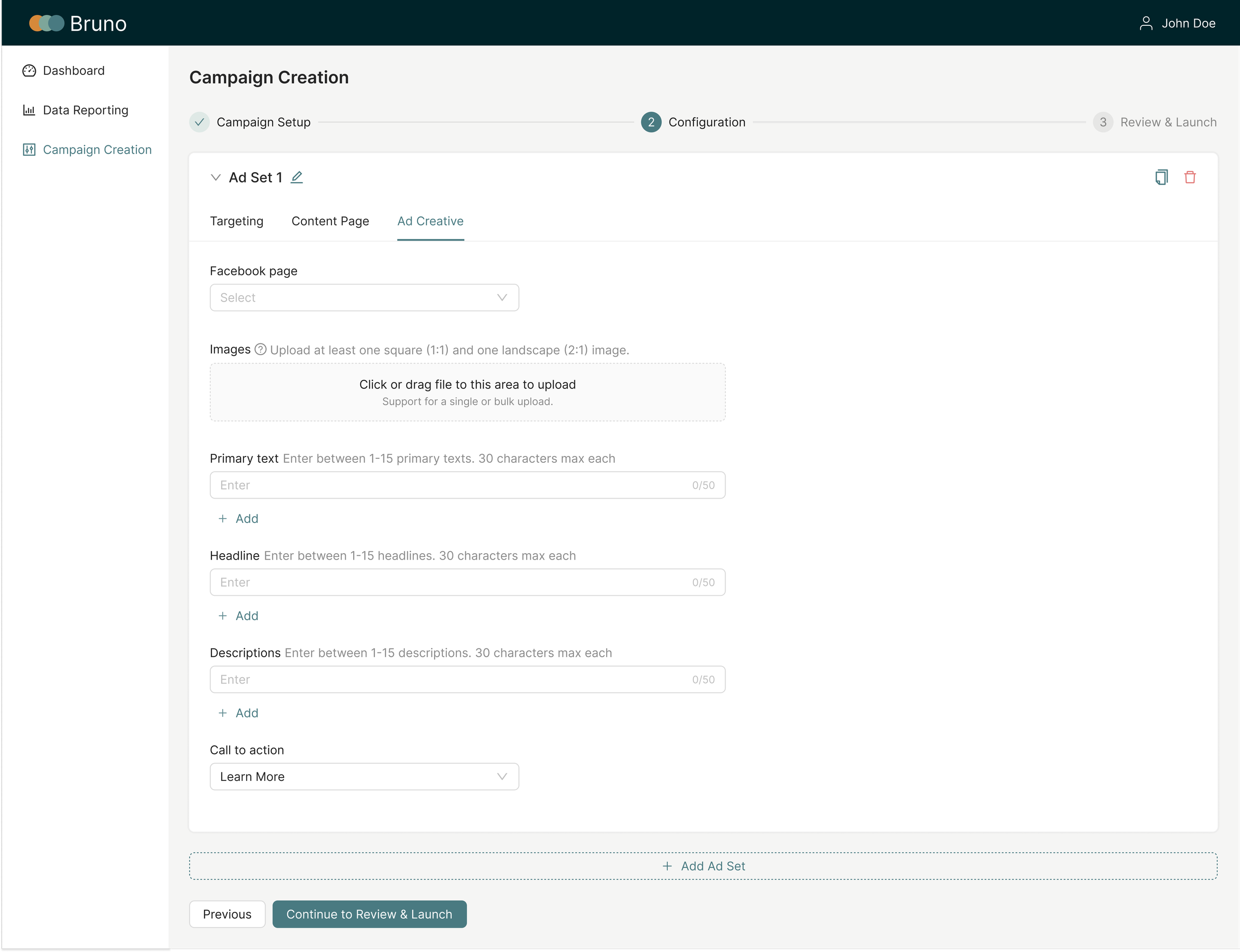Tabbed ad set configuration designed for future scalability