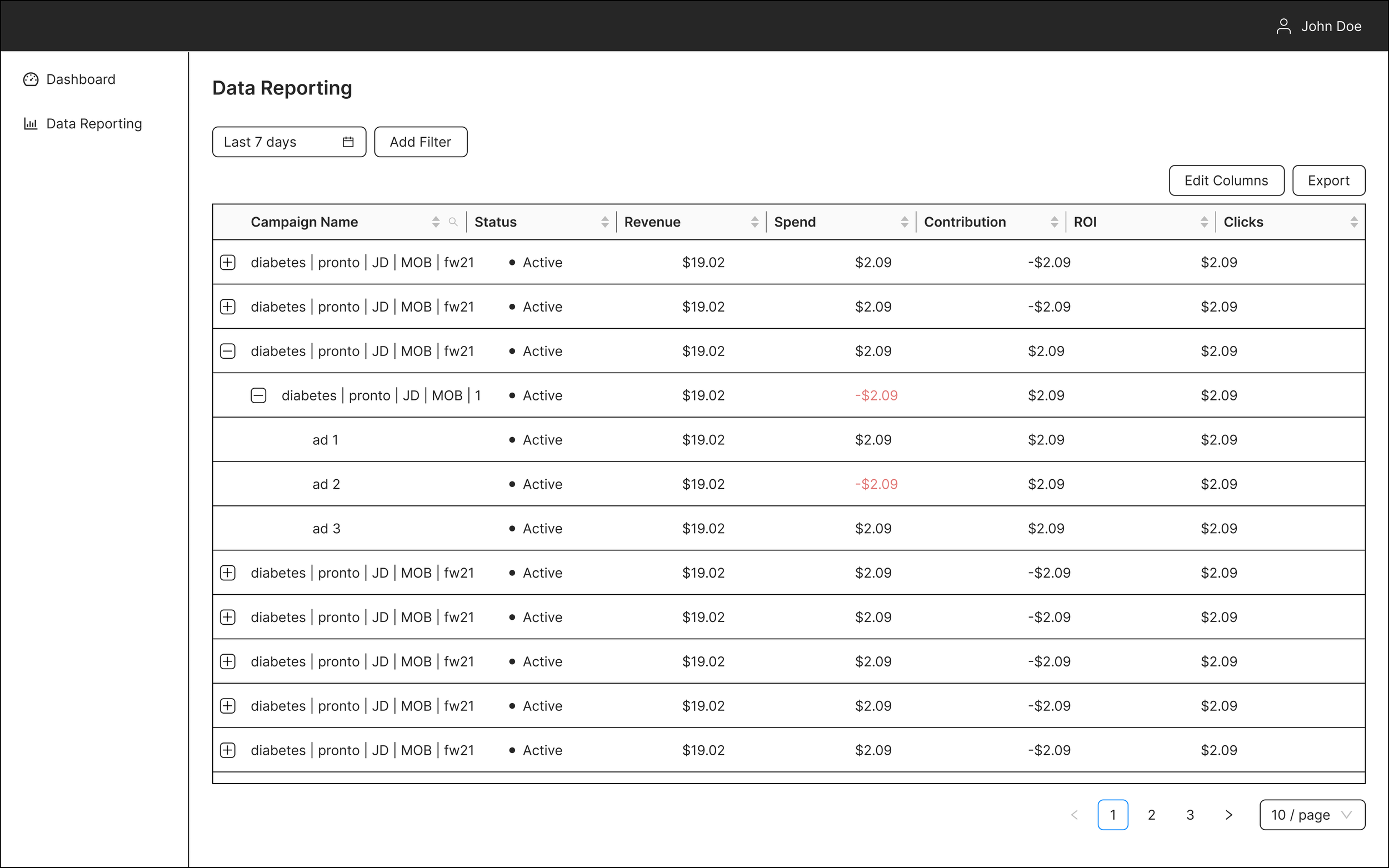 Previous low-fidelity data reporting design